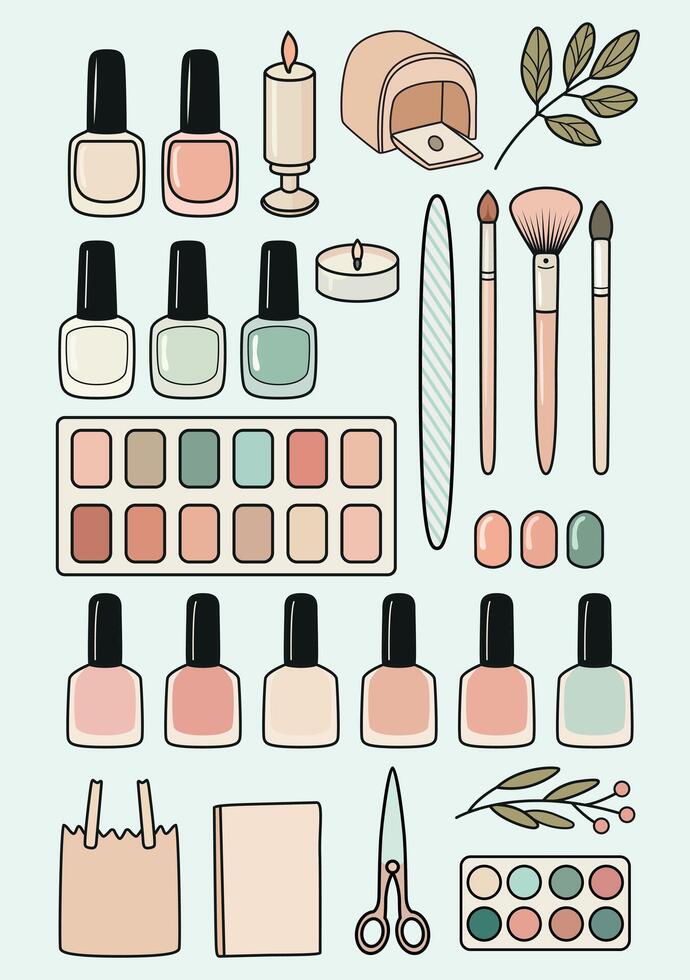 Nail polish and manicure tools flat lay vector