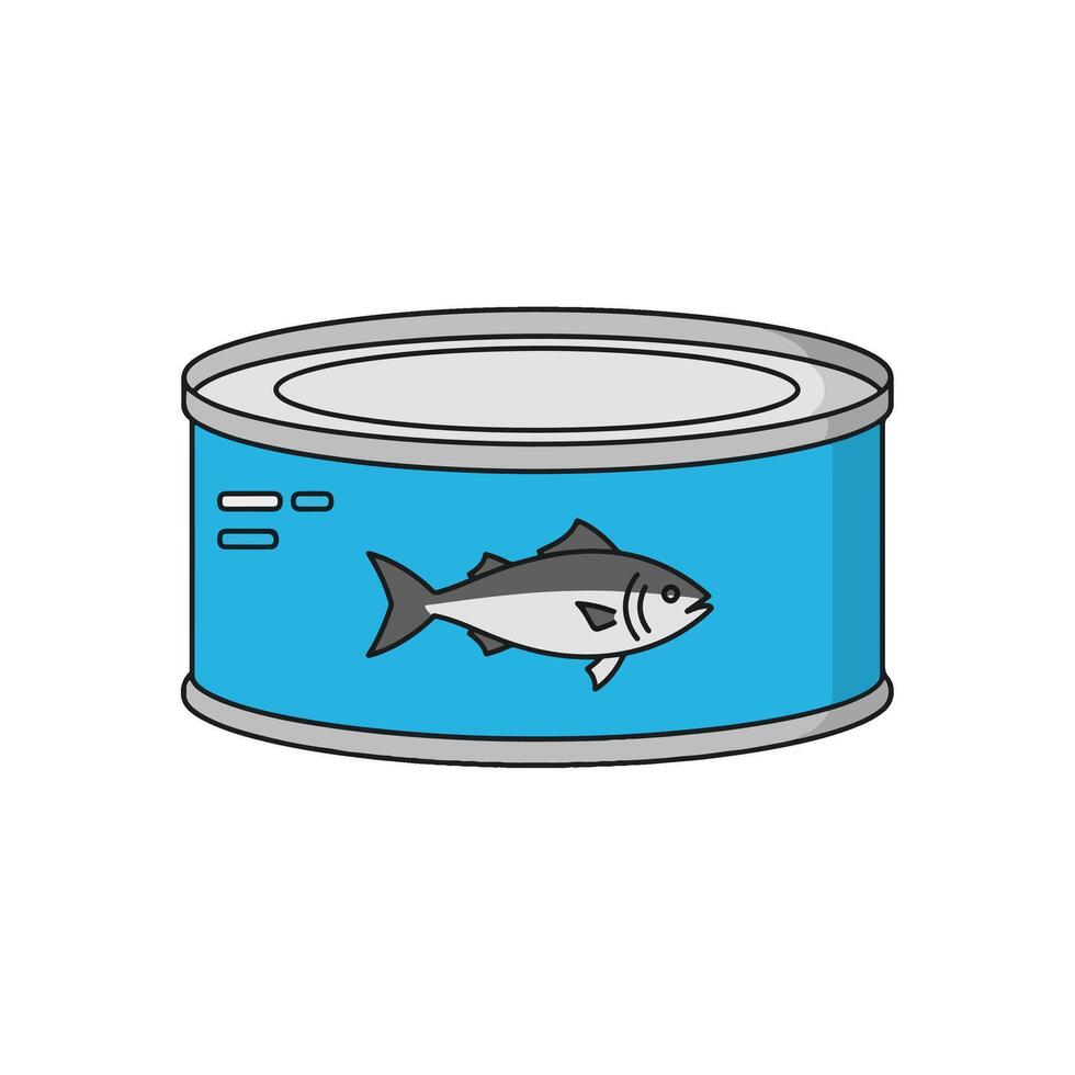 Simplified Illustration of Tuna Can with Light Blue Label and Dark Gray Fish Silhouette on White Background vector
