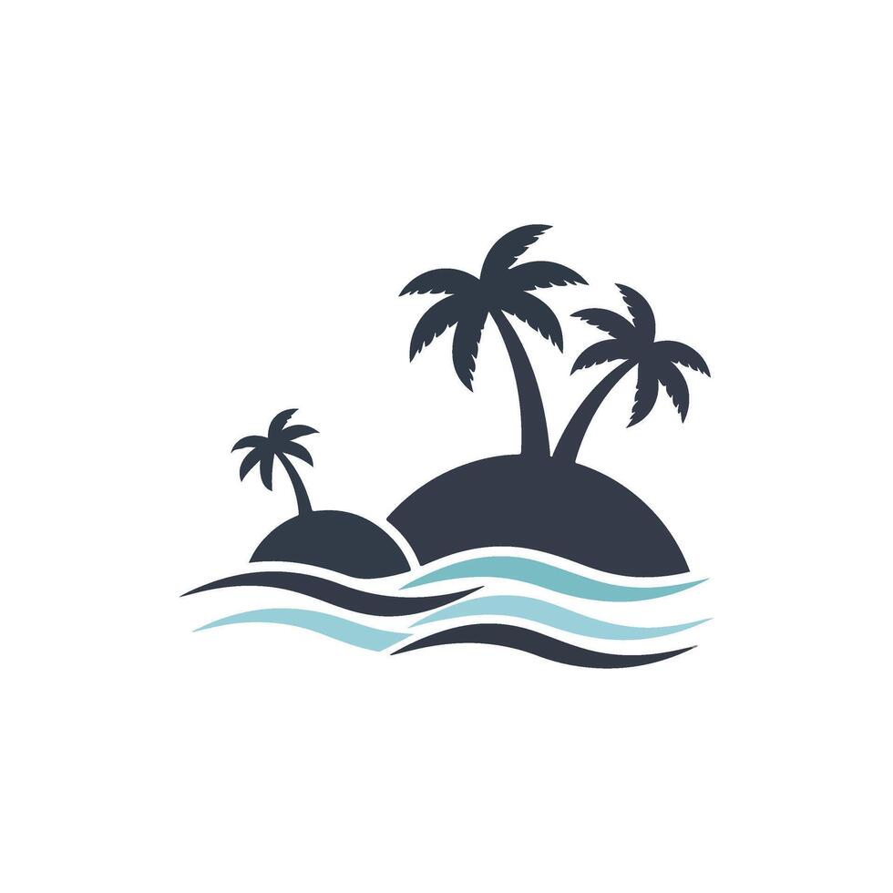 Flat Illustration of Two Tropical Islands with Palm Trees and Stylized Wavy Water Lines on White Background vector