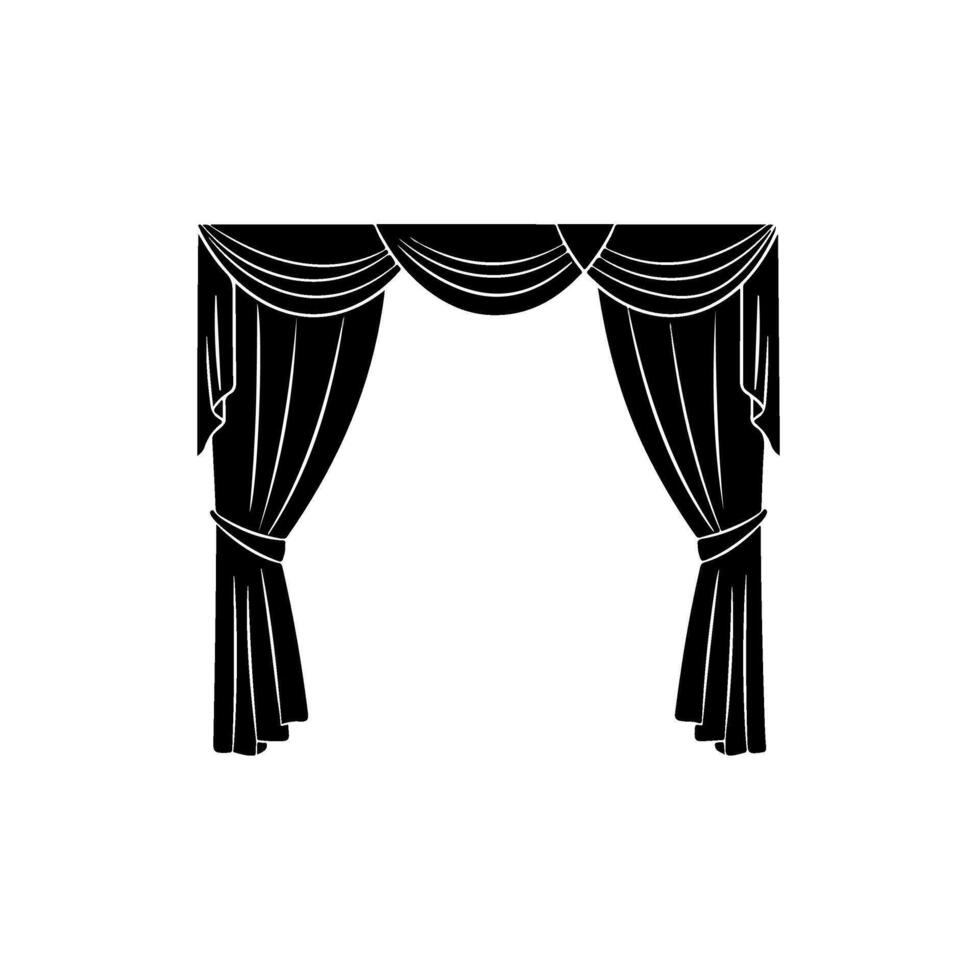 Elegant Swaged Curtain Silhouette Black and White Illustration of Traditional Draped Curtains Tied Back with Graceful Folds and Theatrical Flair vector