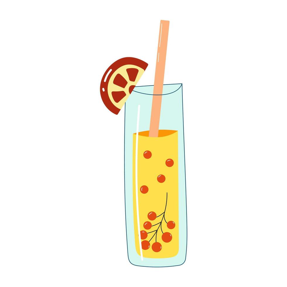 Glass of lemonade with small red berries and slice of grapefruit. vector