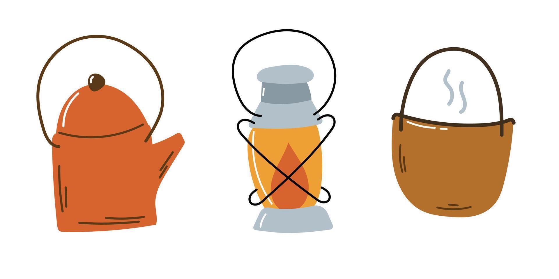 Set of camping elements with kettle and lantern vector