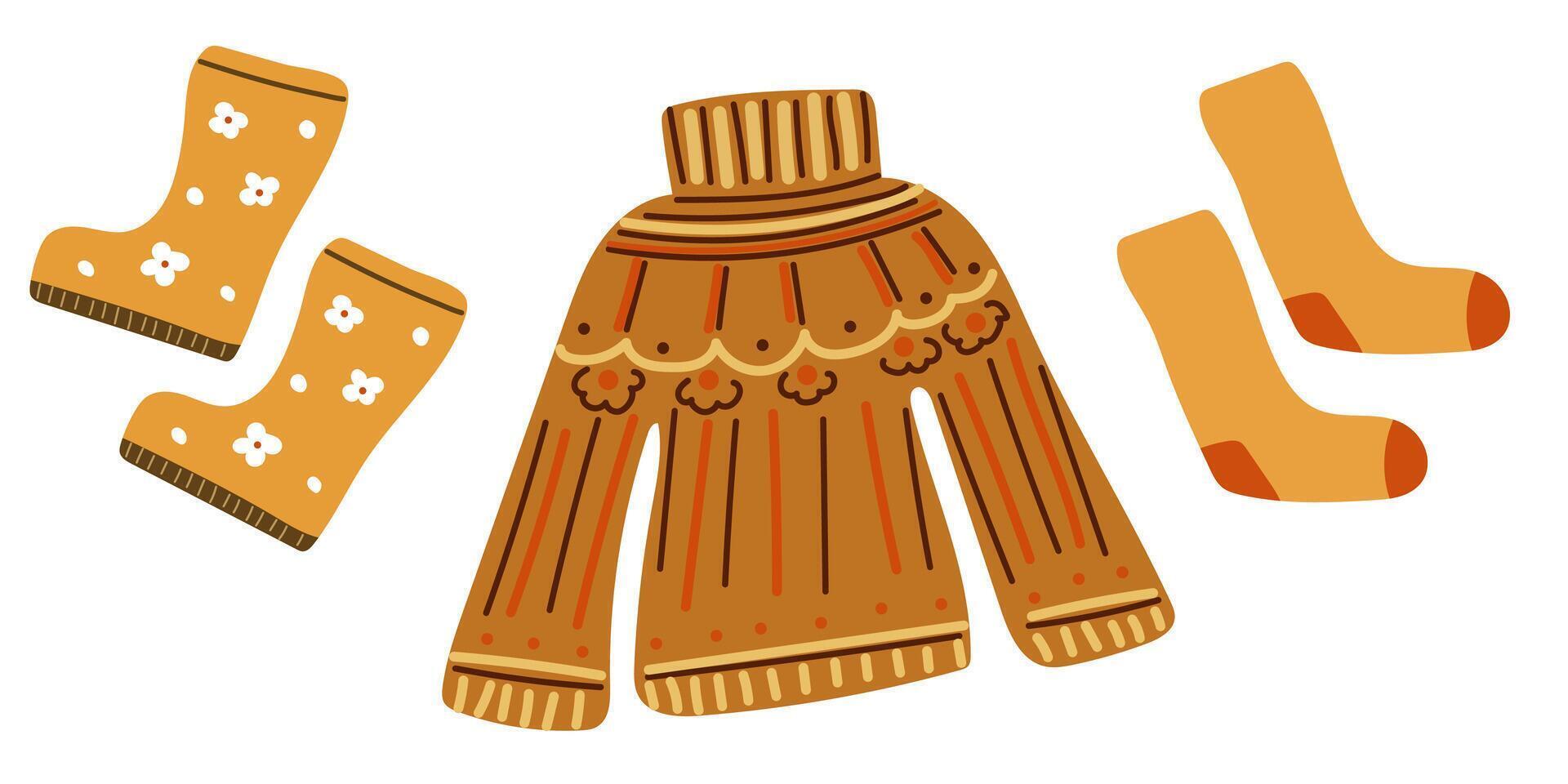 Set of autumn clothes. Knitted sweater, rubber boots and socks. vector