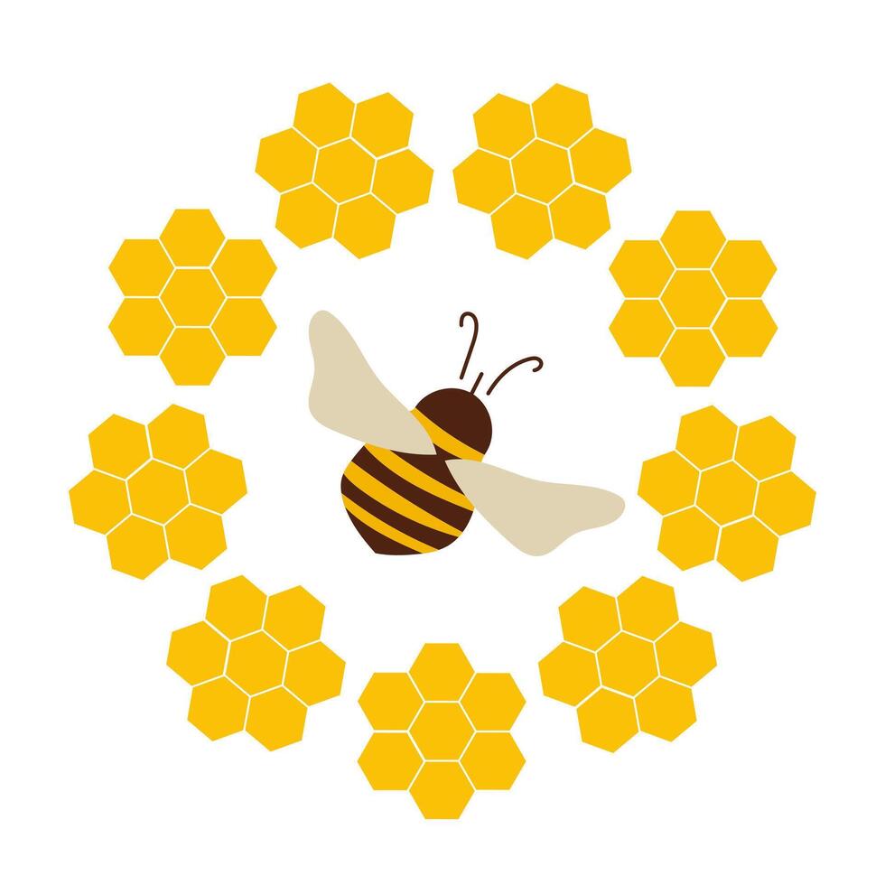 Bee in center of honey round frame. Cute wreath with bee and honey. vector
