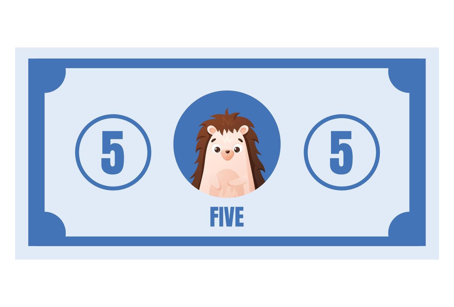 Cartoon play money with hedgehog character and number five. Fun blue educational currency for kids games, counting practice, preschool learning, and financial role play activities. vector