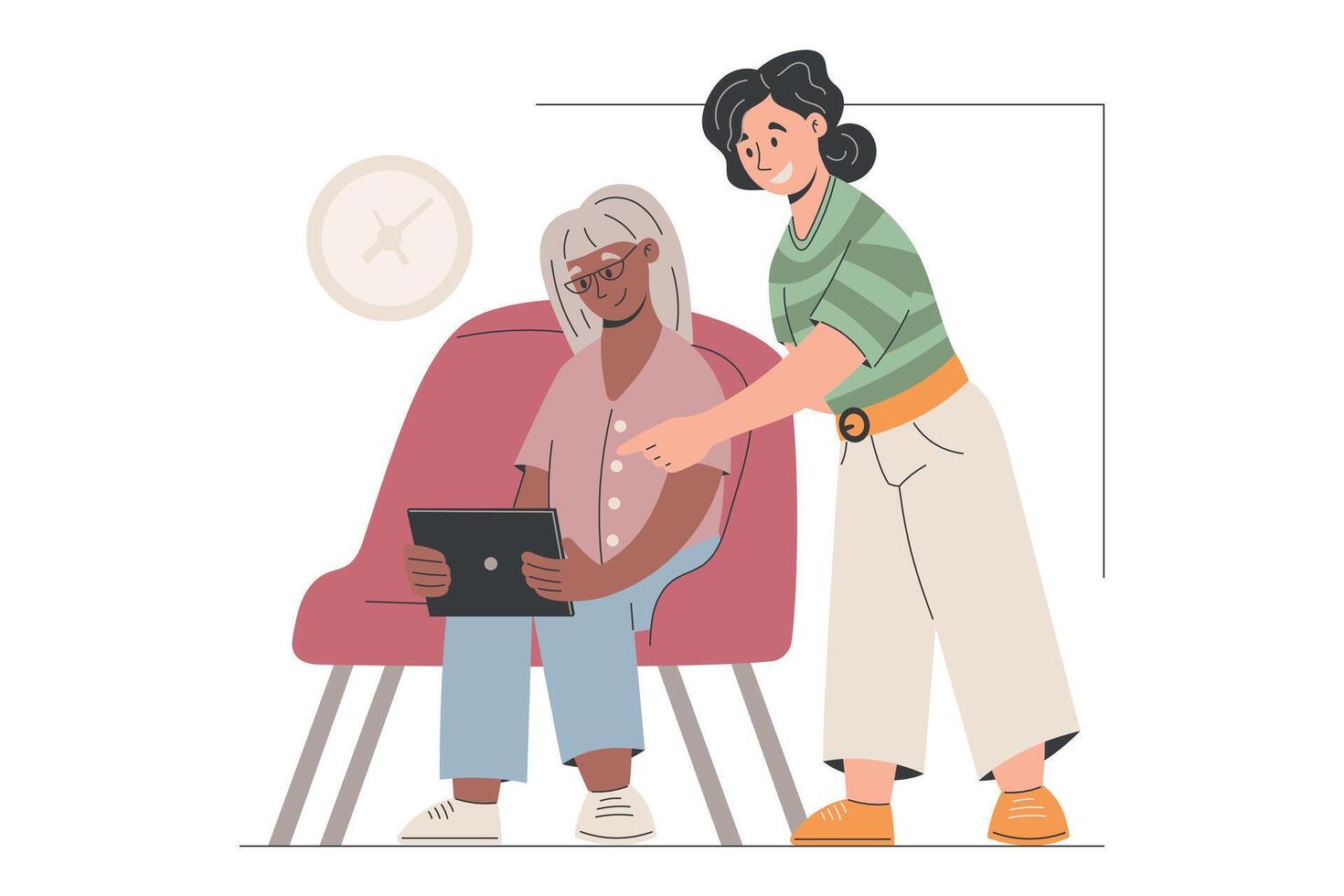 Elderly flat woman with digital tablet and smiling young helper. isolated cartoon illustration about intergenerational learning, support, digital literacy. Perfect for education and care. vector