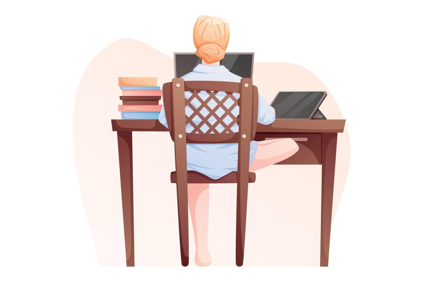 Back view cartoon illustration of a woman studying or working remotely at a desk with laptop, tablet, and books. Perfect for themes of online education, freelance work, or productivity at home. vector