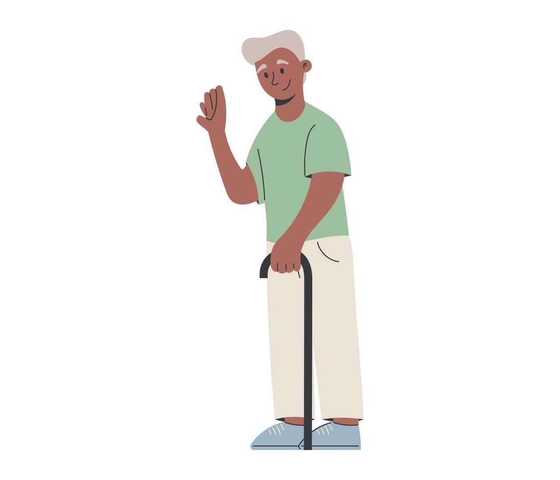 Smiling elderly man waving hand while holding a cane. Full body isolated flat illustration, perfect for healthcare, senior lifestyle, support services, or retirement-related content. vector