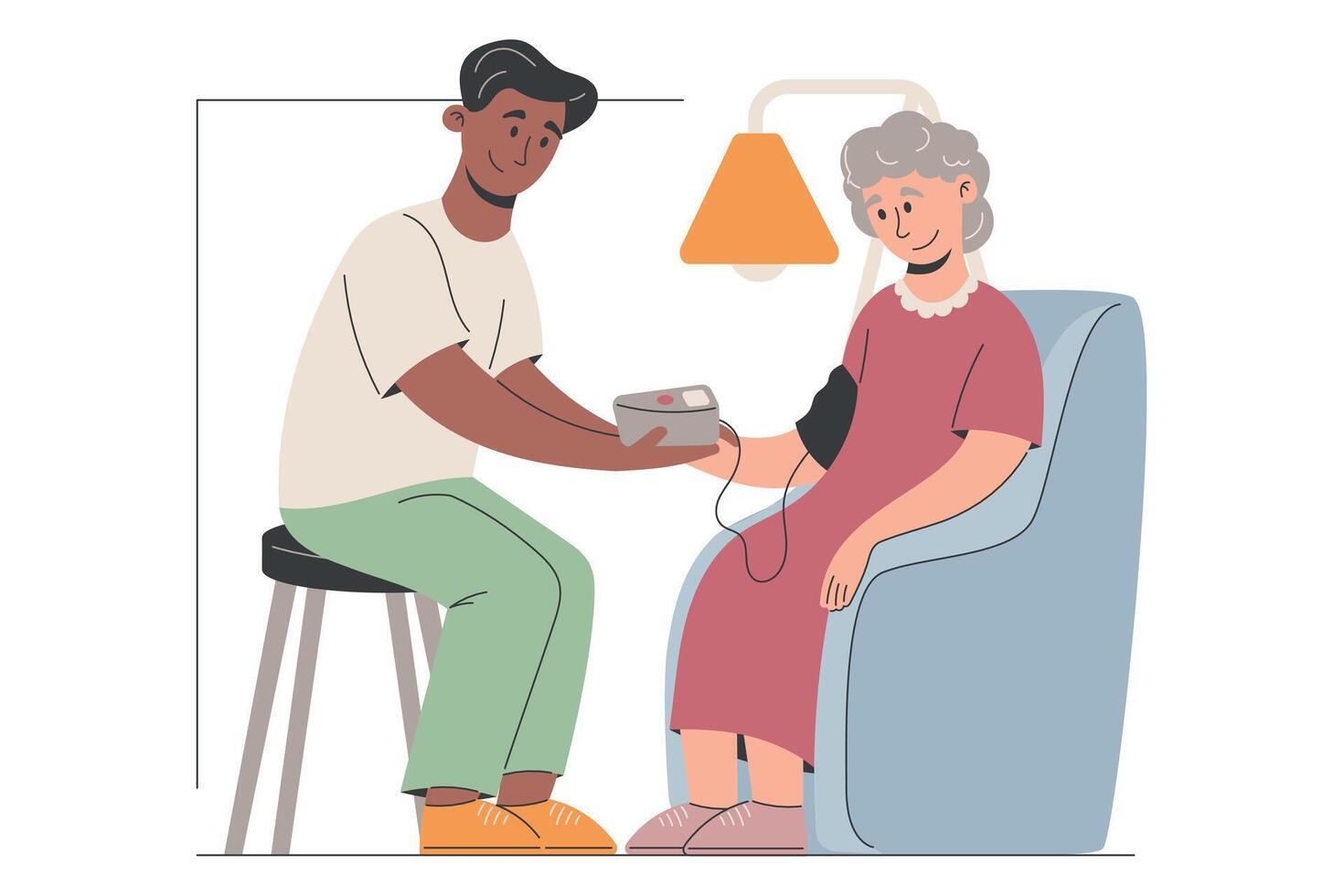 Flat isolated illustration of caregiver checking elderly woman blood pressure at home. Great for medical, senior care, healthcare services, home visit, and wellness support content. vector