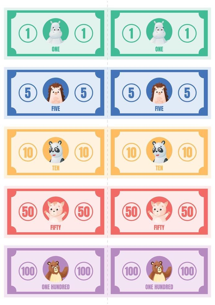 Set of colorful cartoon banknotes with cute animals and numbers, hippo, hedgehog, panda, cat, and bear. Fun pretend play money for kids, perfect for games, math, and learning activities. vector