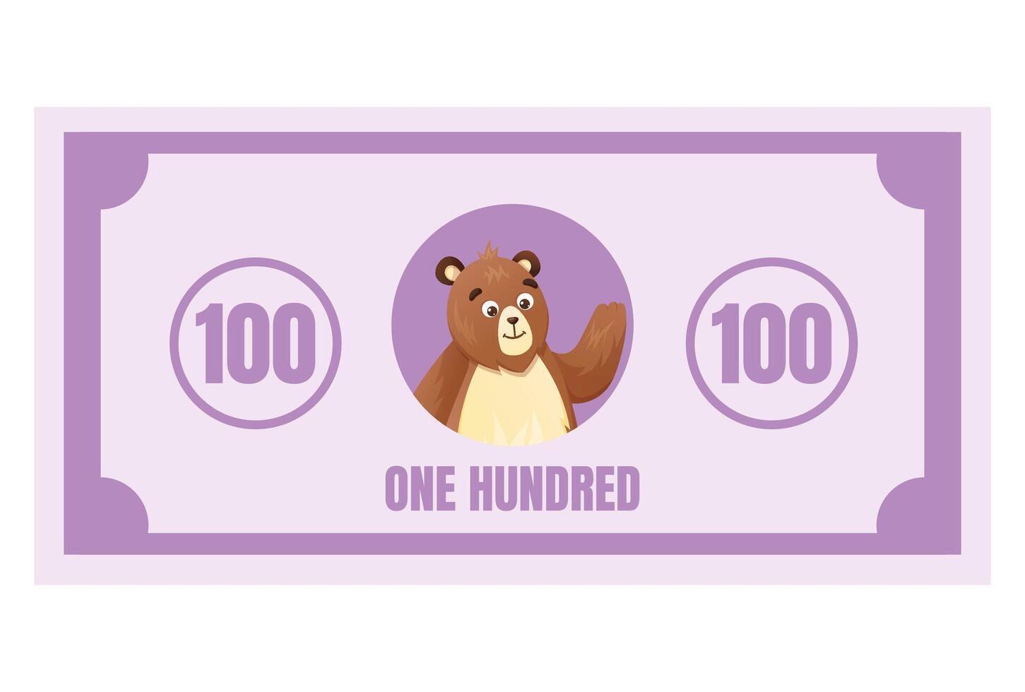 Cute purple banknote with number 100 and smiling bear face. Cartoon money for kids pretend play, math activities, shopping games, and fun financial education materials. vector