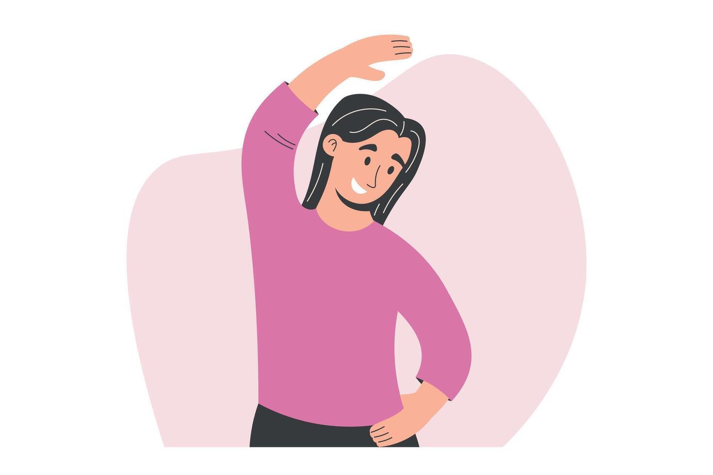 Young woman stretching with one arm overhead and the other on her waist. Flat isolated illustration perfect for fitness, healthy lifestyle, and workout-related projects. vector
