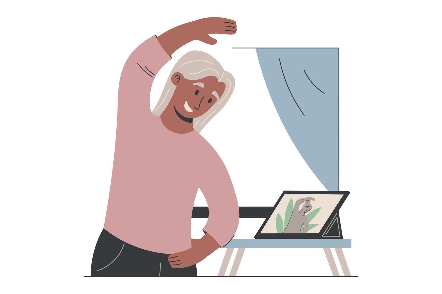 Flat illustration of an elderly woman exercising with a fitness on a tablet. Concept of senior wellness, home workout, and healthy aging. Isolated cartoon design. vector