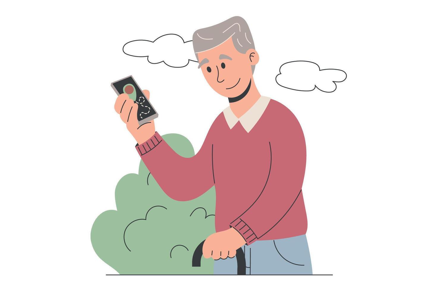 Elderly man with smartphone and cane walking outdoors. Flat isolated illustration showing active senior using navigation. Ideal for concepts of independence, mobility, and aging well. vector