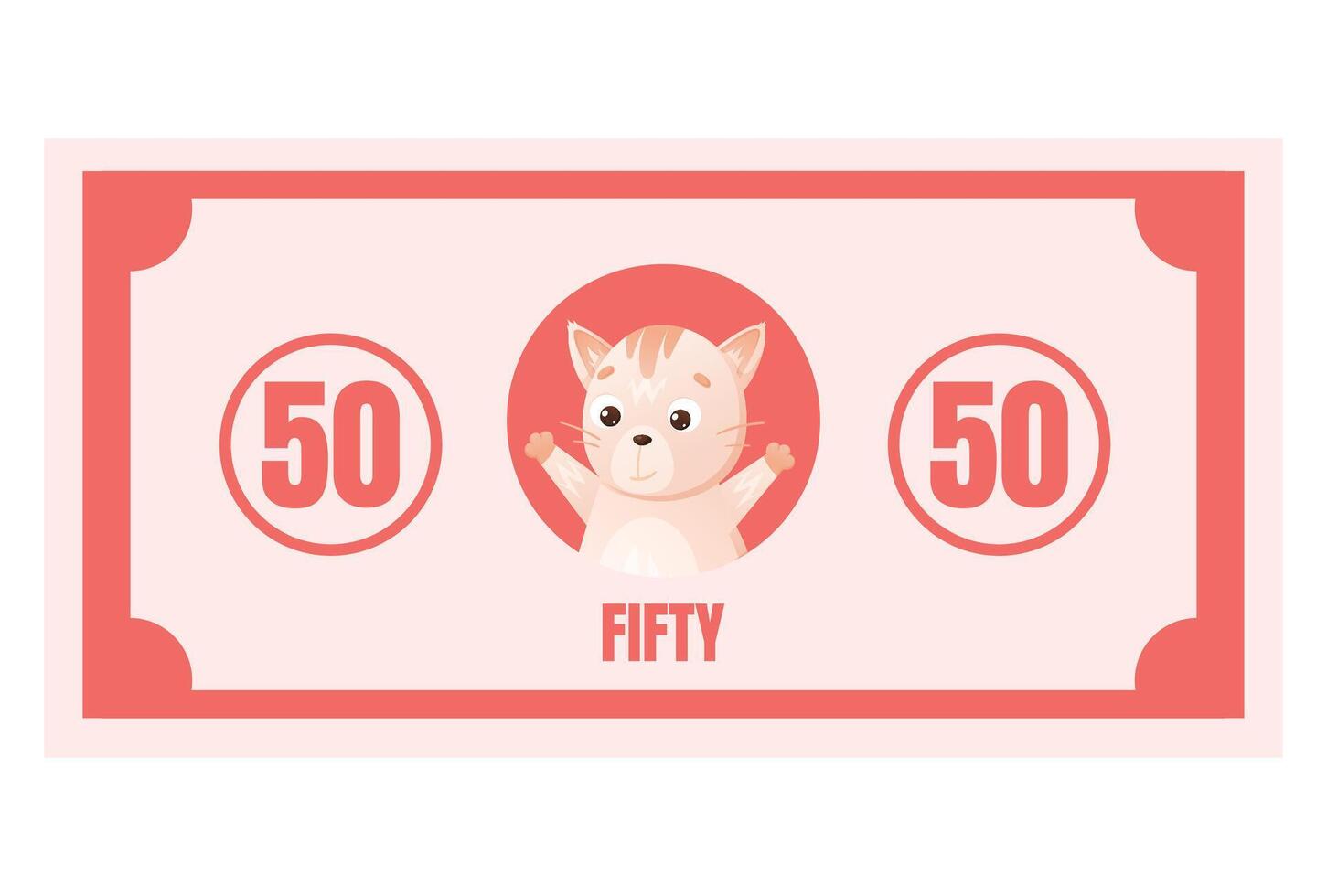 Funny red play money with number fifty and cute cat face. Cartoon banknote for kids math learning, pretend play, shopping games, and early financial education activities. vector