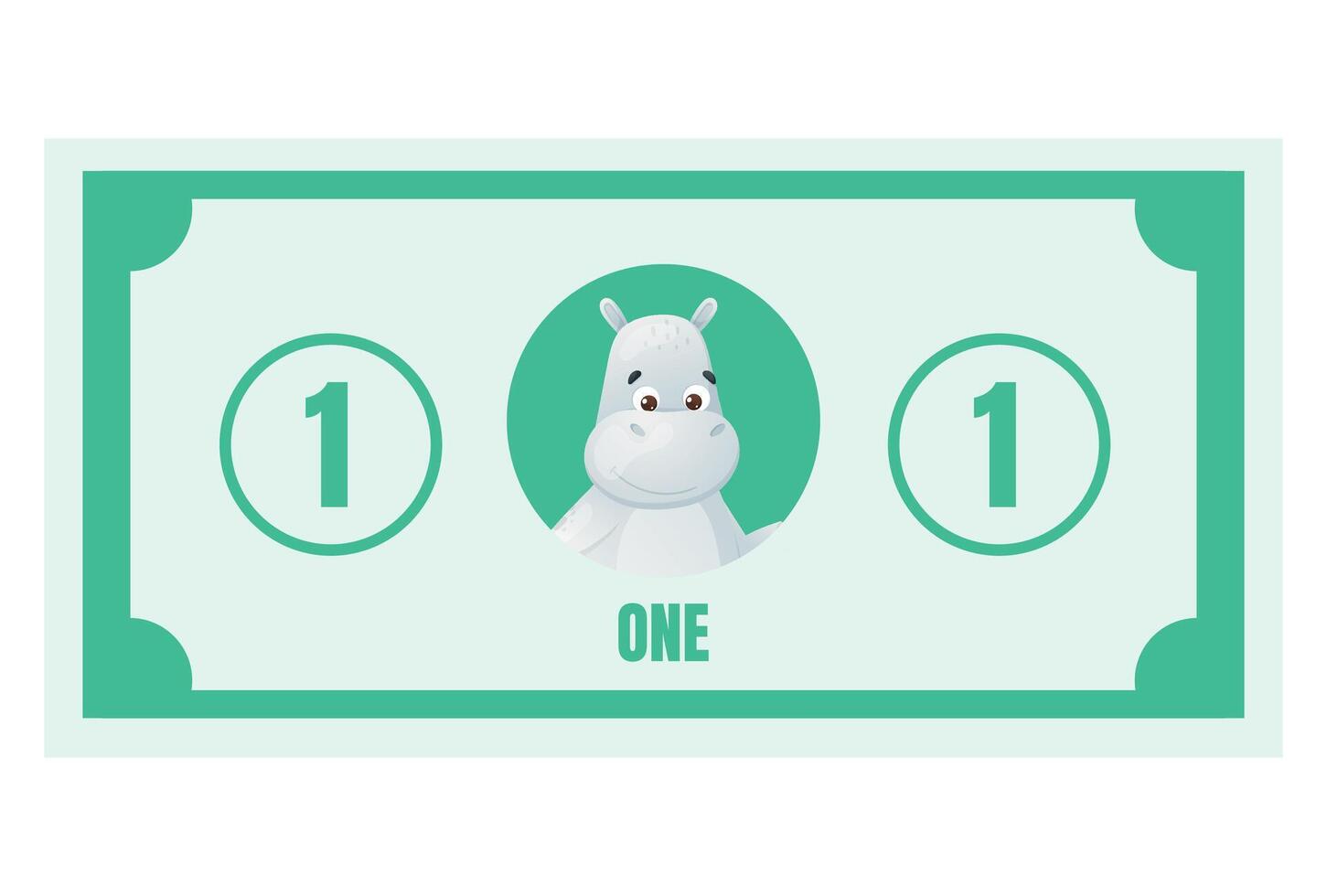 Cute cartoon money bill with hippo character and number one. Fun and colorful printable play money for kids games, early learning, preschool classroom, or educational resources. vector