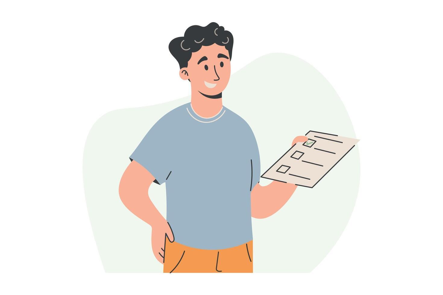 Young man holding a checklist. isolated flat illustration, perfect for presentations, productivity apps, healthcare visuals, and educational materials related to planning and organization. vector
