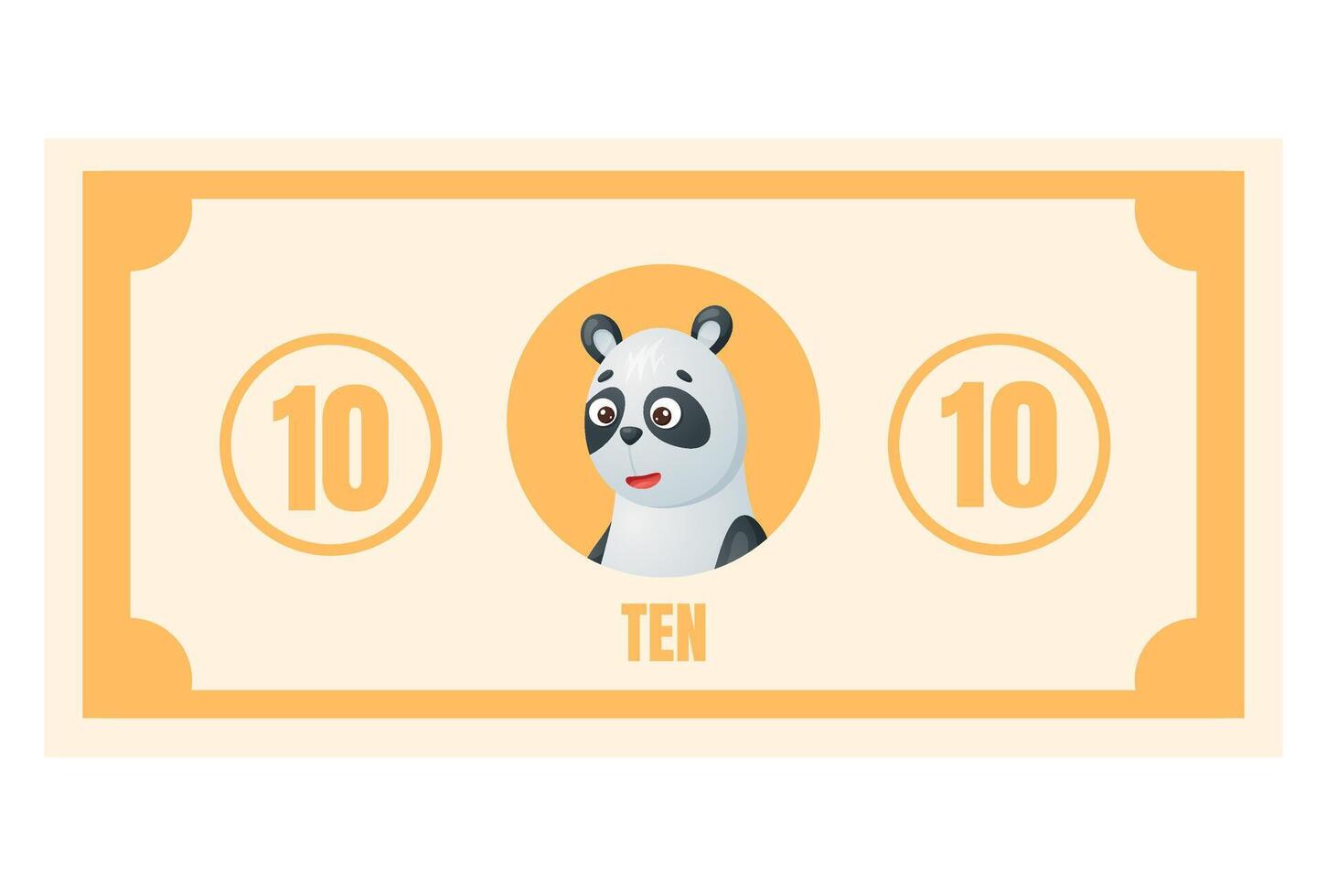 Playful cartoon banknote with panda character and number ten. Bright yellow educational money for kids learning games, counting skills, pretend shopping, and early finance activities. vector