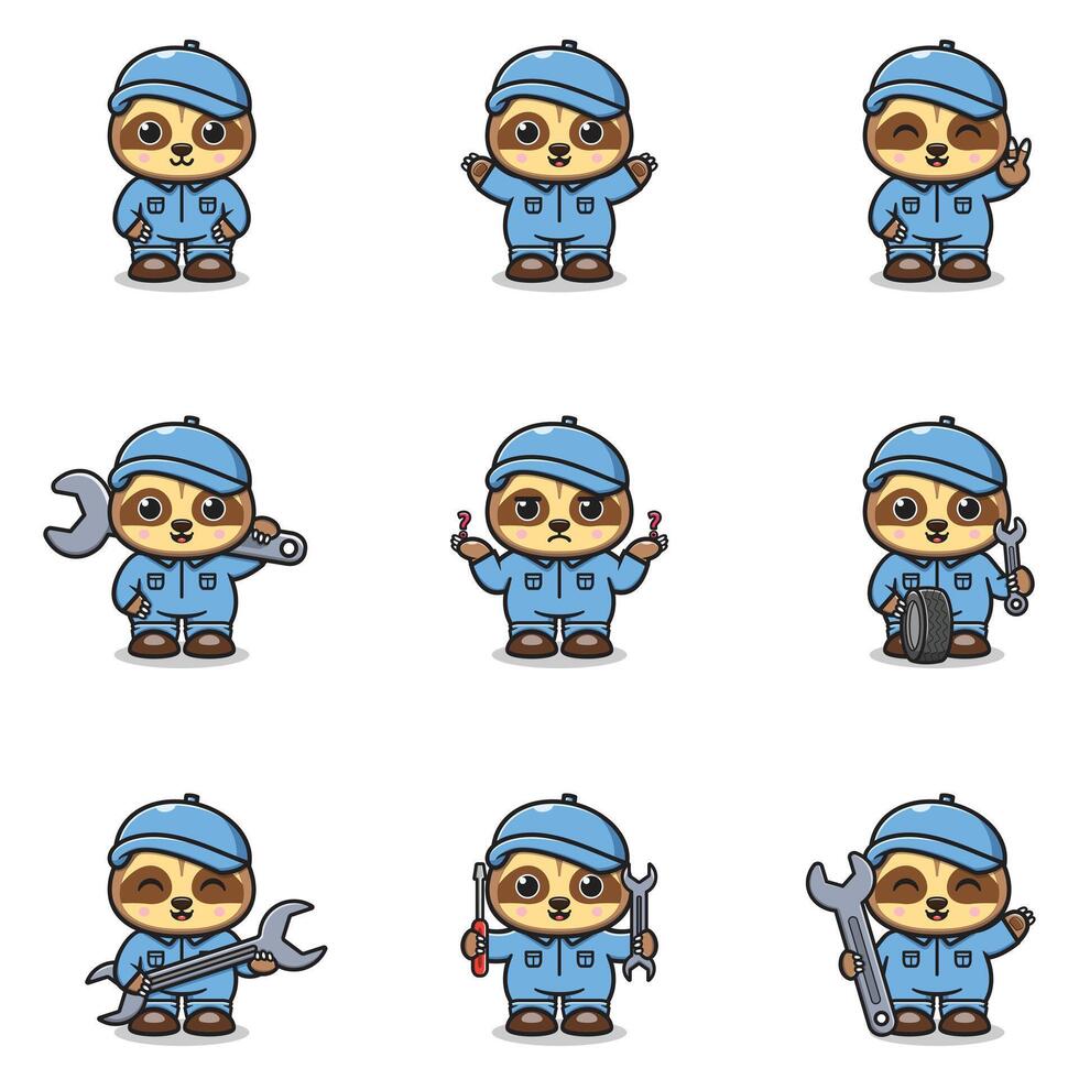 Cute sloth mechanic character illustrations vector
