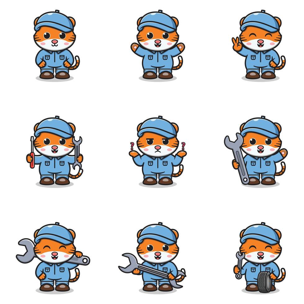 Cartoon tiger mechanics in blue uniforms vector
