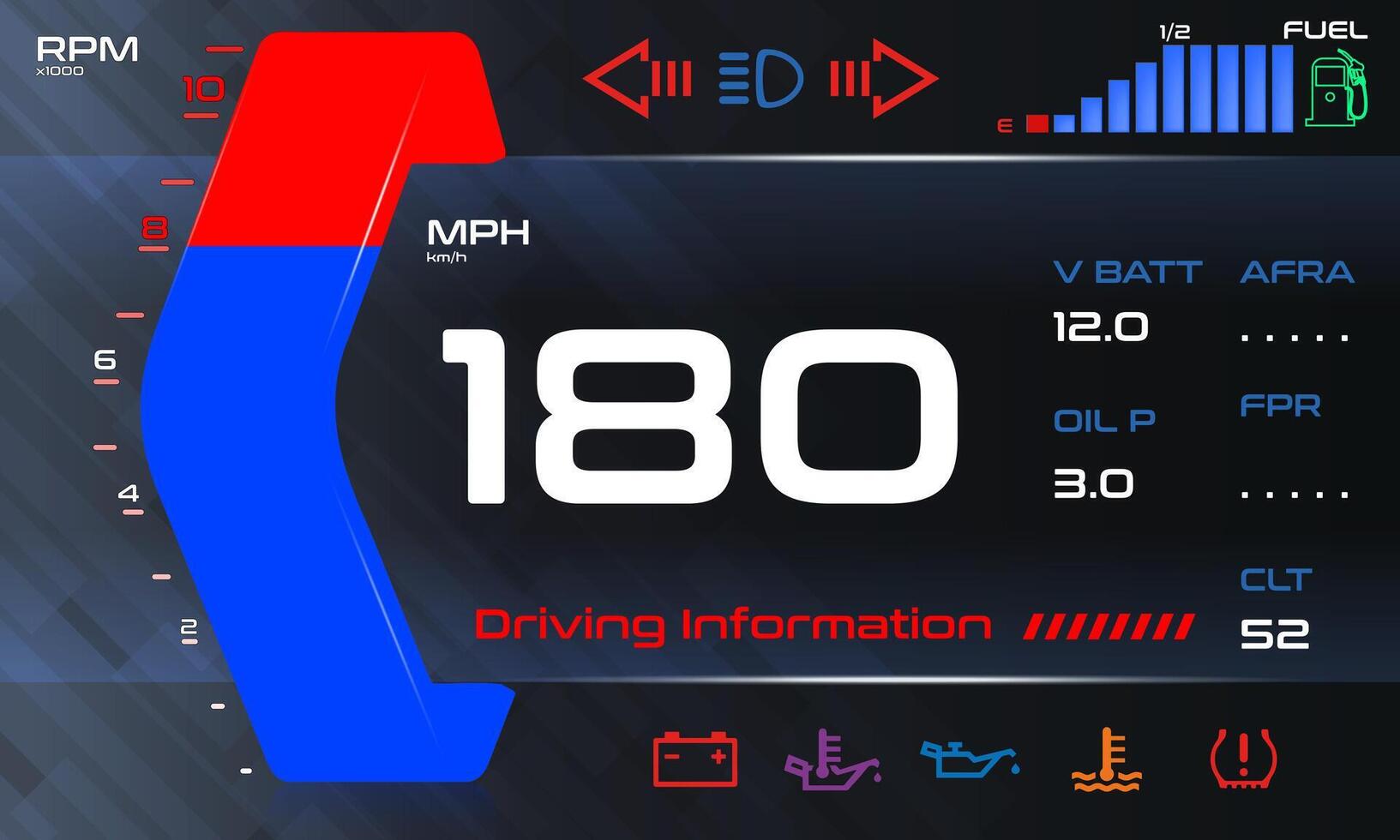 Car dashboard modern automobile control illuminated panel speed . vector