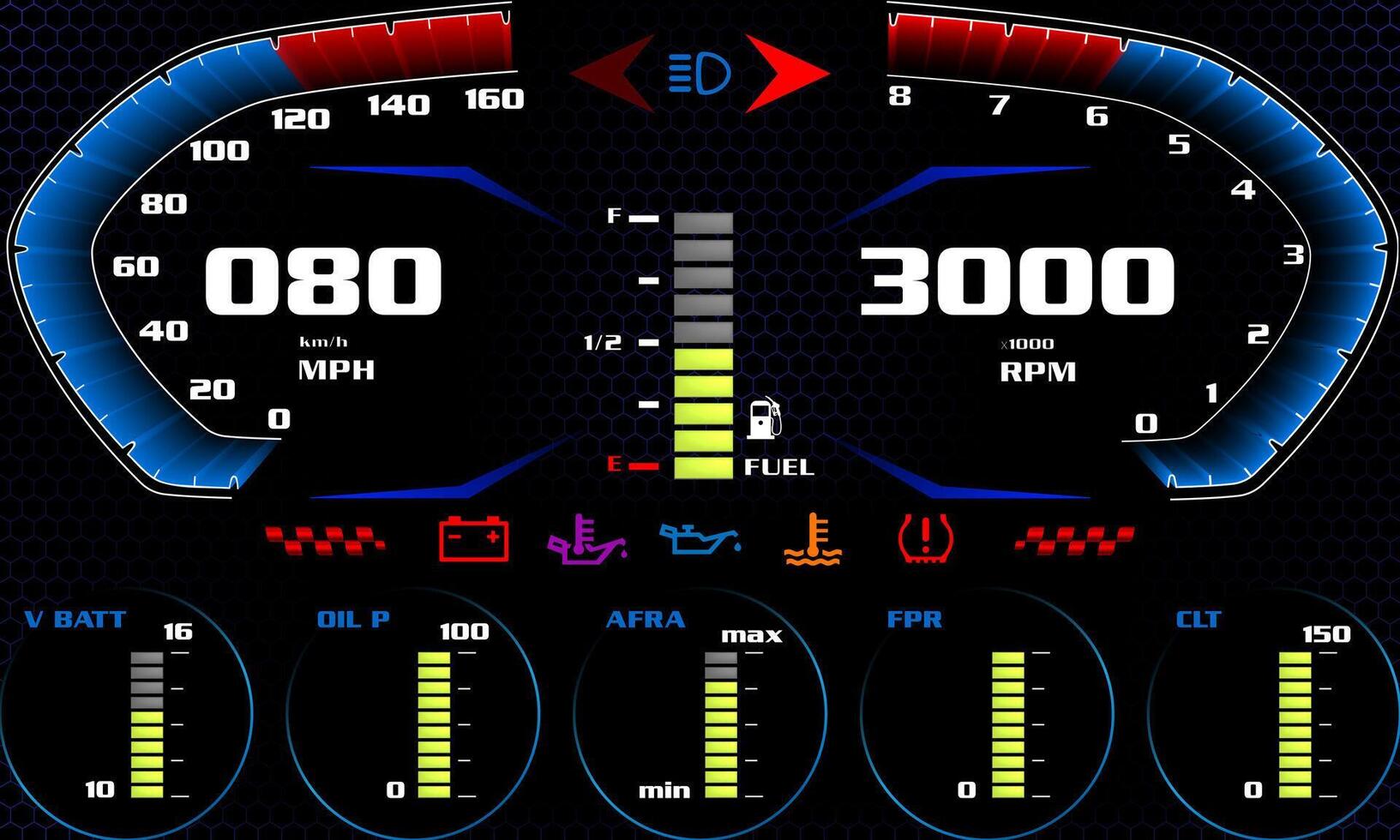 Illustration of speed display on car dashboard, modern illuminated car control panel with toolbars vector