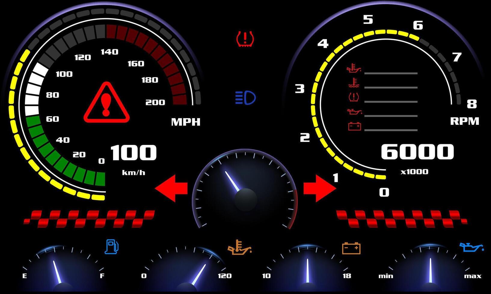 Car dashboard automobile control illuminated panel speed display illustration. vector