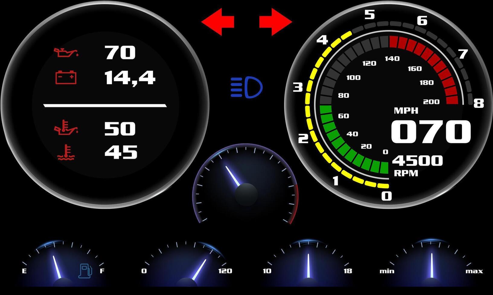 Illustration of speed display on car dashboard, modern illuminated car control panel with arrows and circular toolbars vector