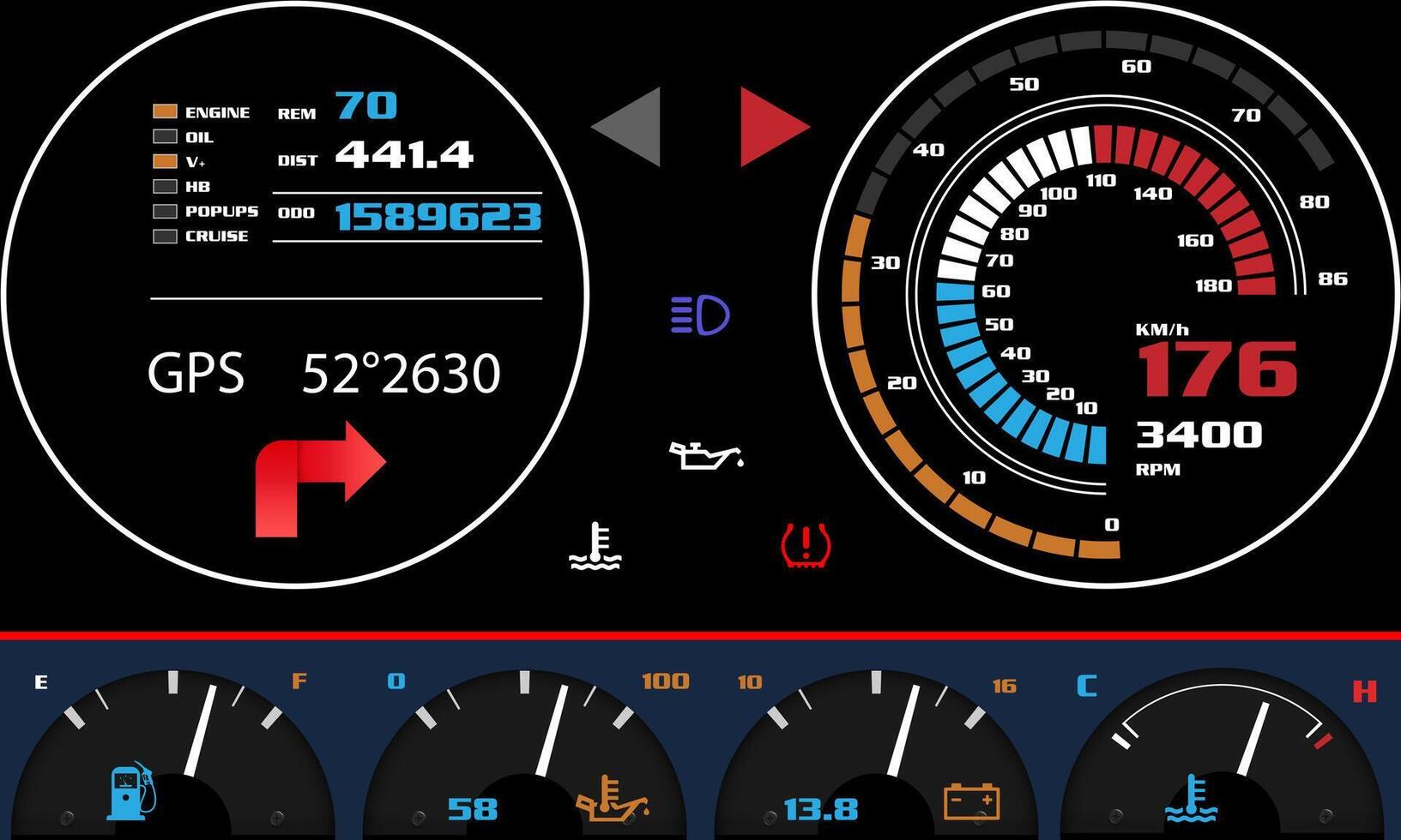 Car dashboard modern automobile control illuminated panel illustration. vector