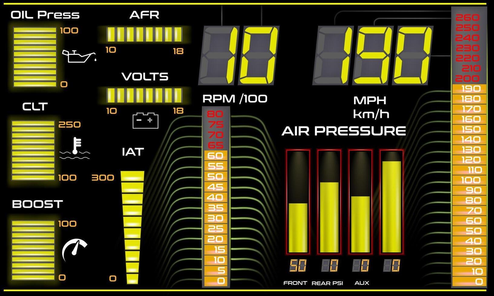 Car dashboard modern automobile control illuminated panel speed display illustration. vector
