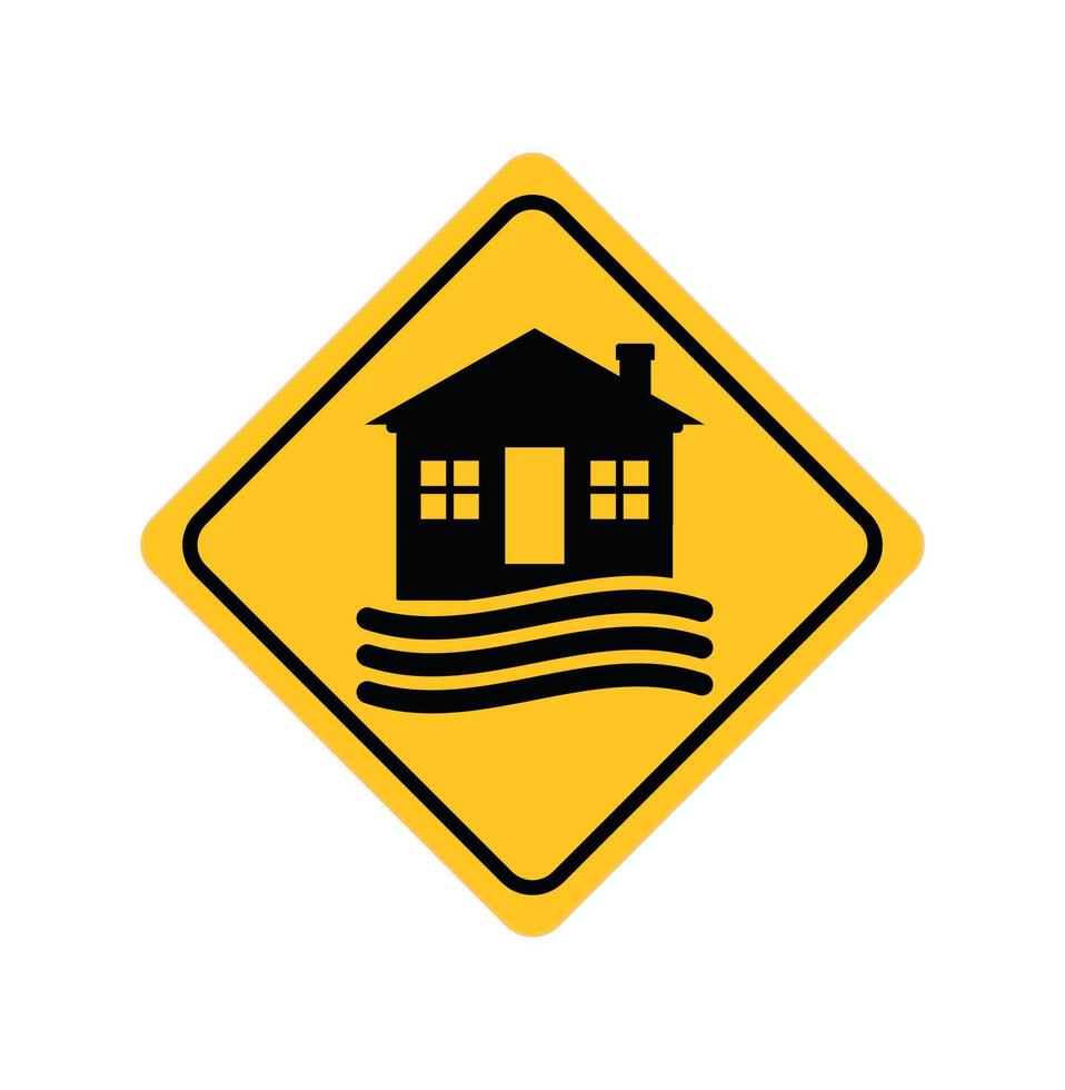 Flood area sign, natural disaster with house, heavy rain and storm , damage with home vector