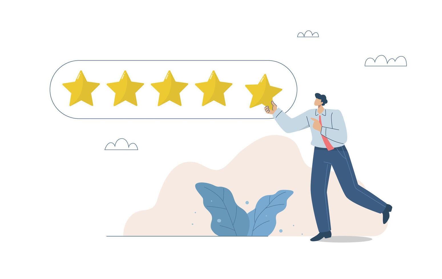 Five star quality rating ranking, Good feedback or credit, Businessman giving 5 stars to his organization or company business, Flat design illustration. vector