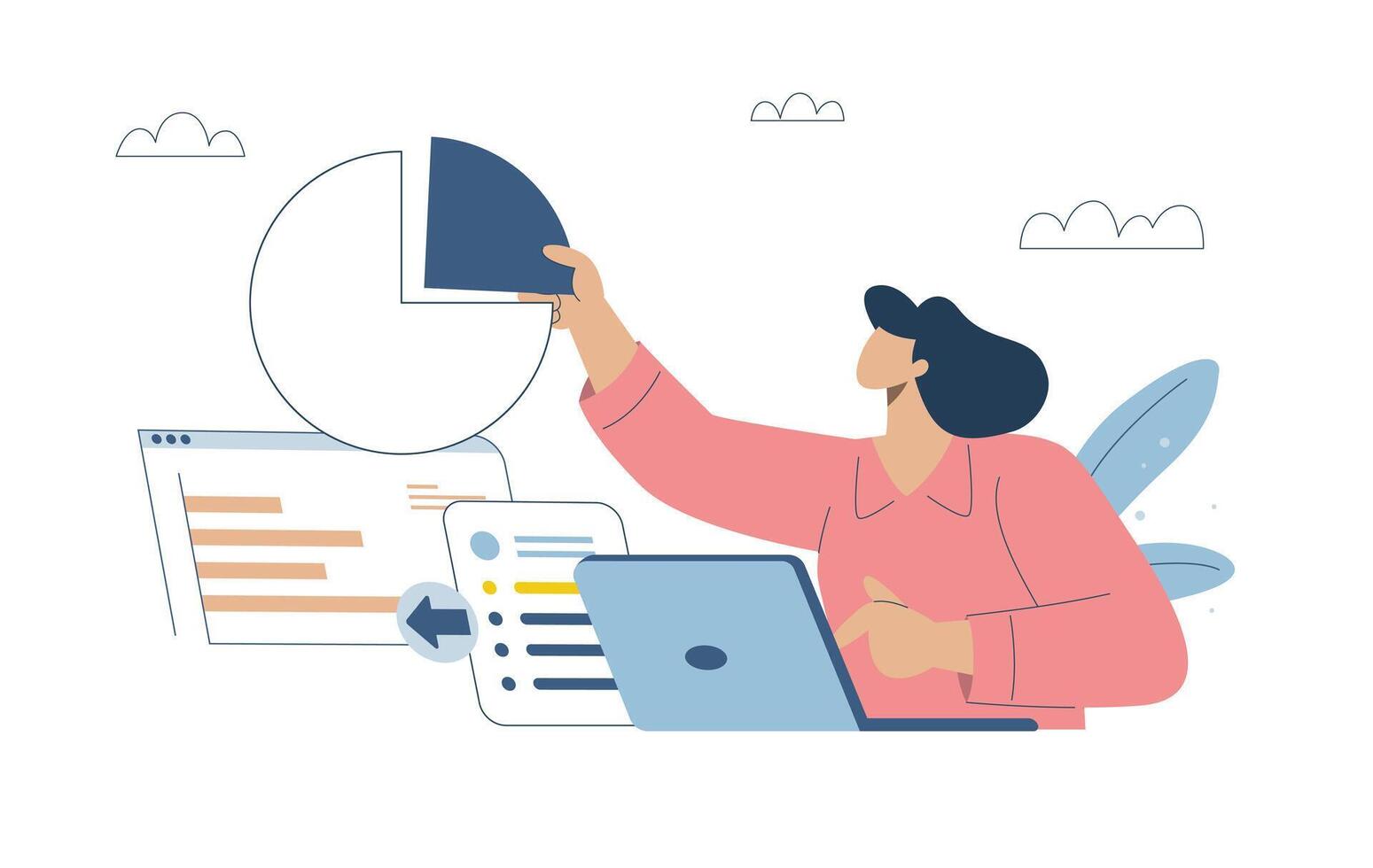 Businesswoman using laptop analyzing market share with circle chart, Social media marketing, Business planning, Business success activities, Flat design illustration. vector