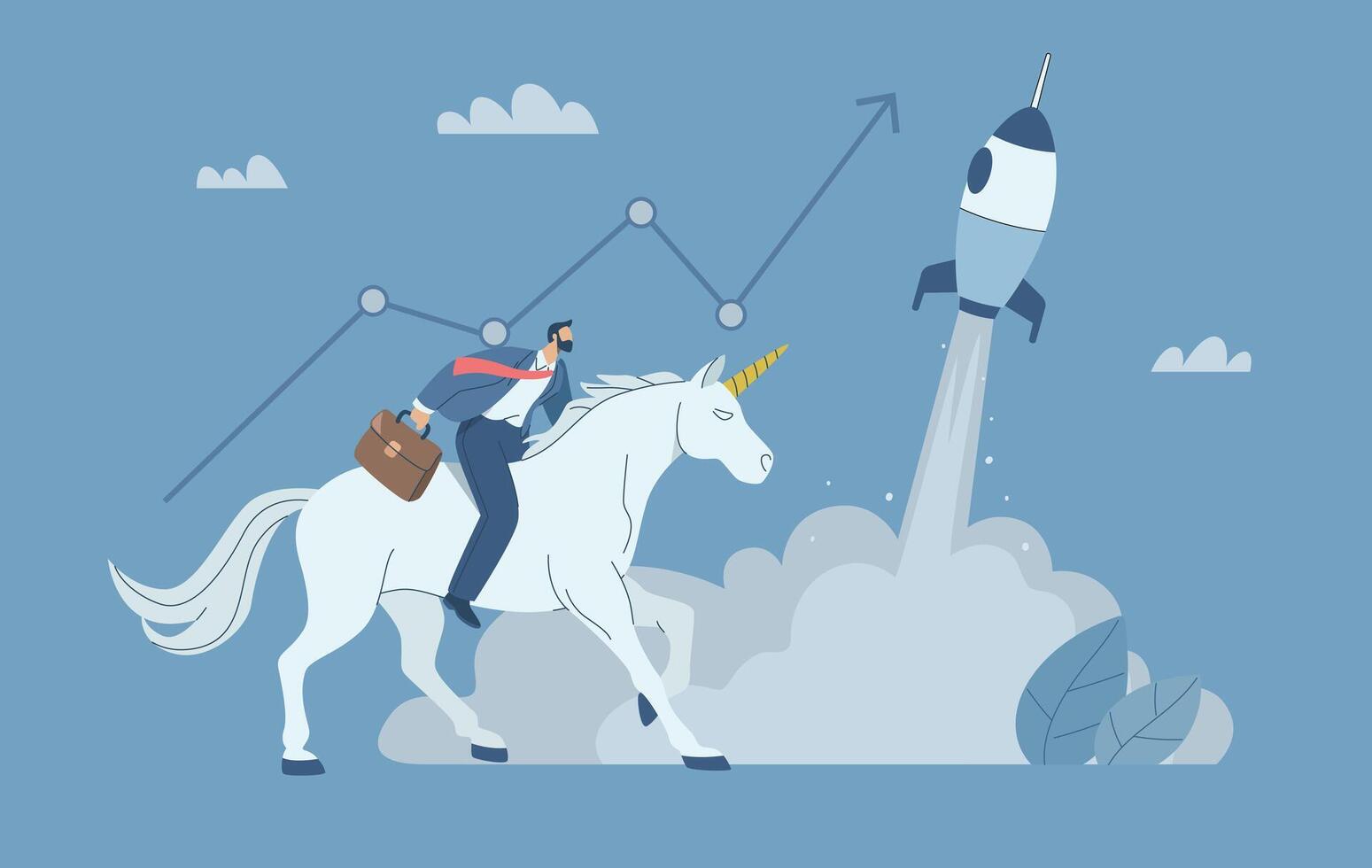 Businessman riding unicorn with rocket vector