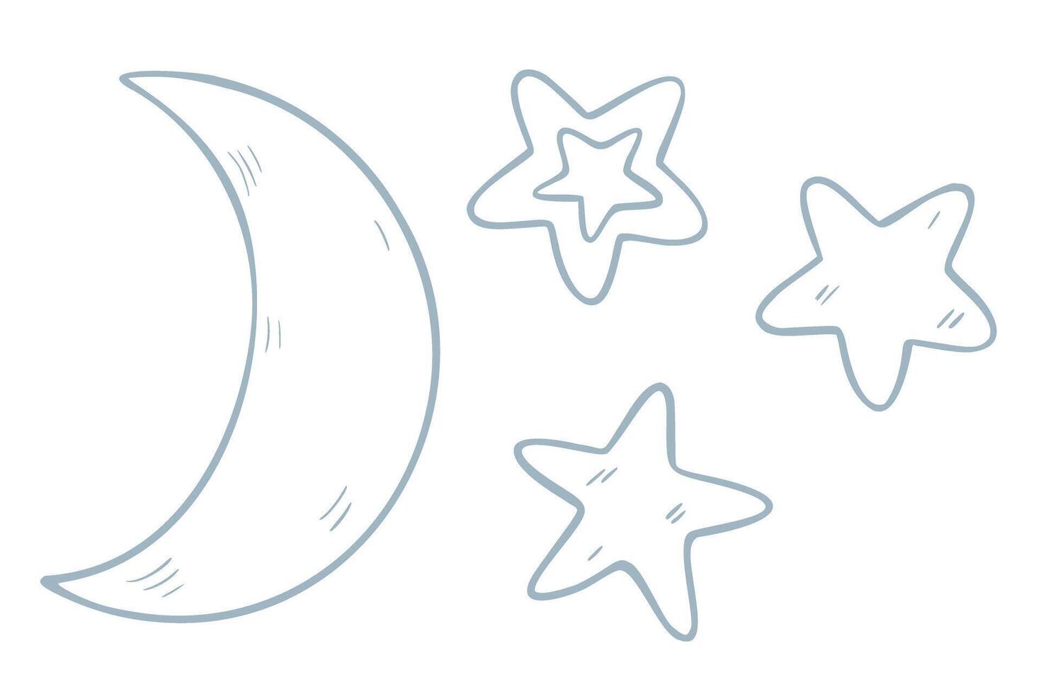 illustration of a Crescent moon with Stars in simple outline style. Linear pastel blue drawing of sky objects for bedtime stories, lullaby designs and baby shower invitations. Dreamy sketch. vector
