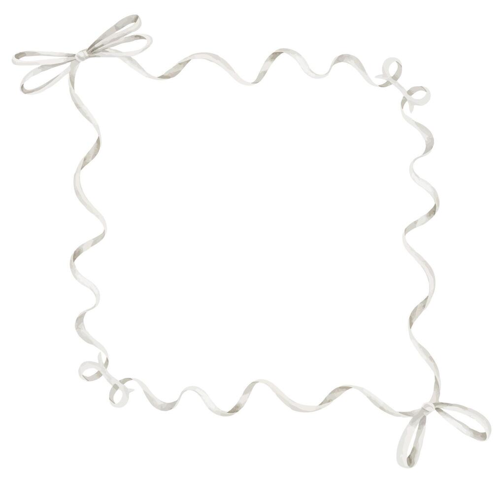 Watercolor illustration of Template with white ribbon frame and bows. Drawing of Border in pastel soft colors for birth announcements, baby shower invitations and wedding greeting cards. vector