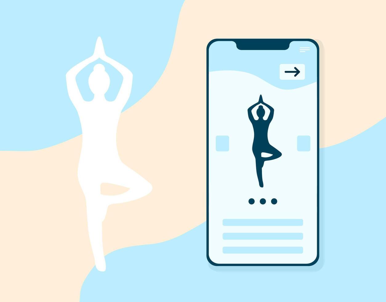 Layout of an online yoga app for smartphones and tablets. Silhouette of a young woman practicing meditation. Background image for web pages with fitness lessons. vector