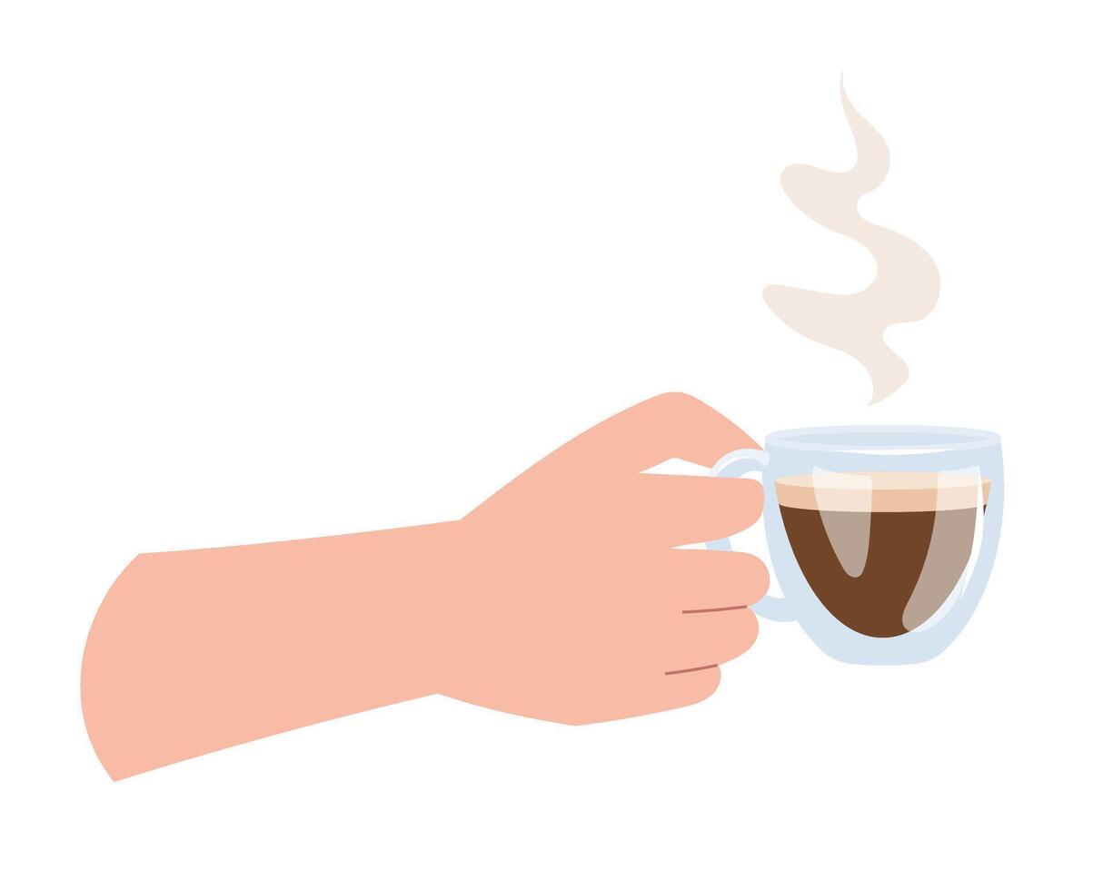 Hand holding hot espresso coffee. Design element of morning ritual with rich and aromatic coffee drink in transparent cup. Flat style illustration drawing for cafe, banner, poster, print vector