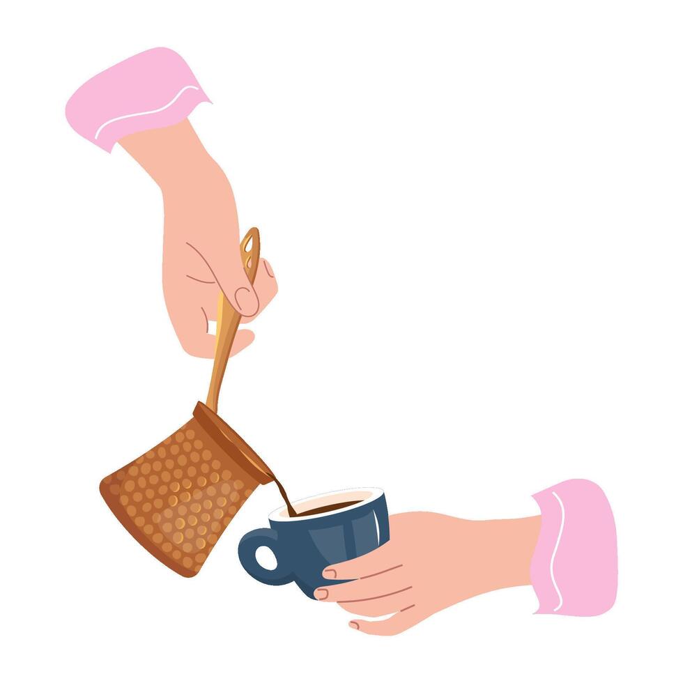Hands pouring rich aromatic coffee from traditional copper cezve into porcelain espresso cup design element turkish coffee pot for banner, poster, print. Fragrant coffee ritual to start the day vector