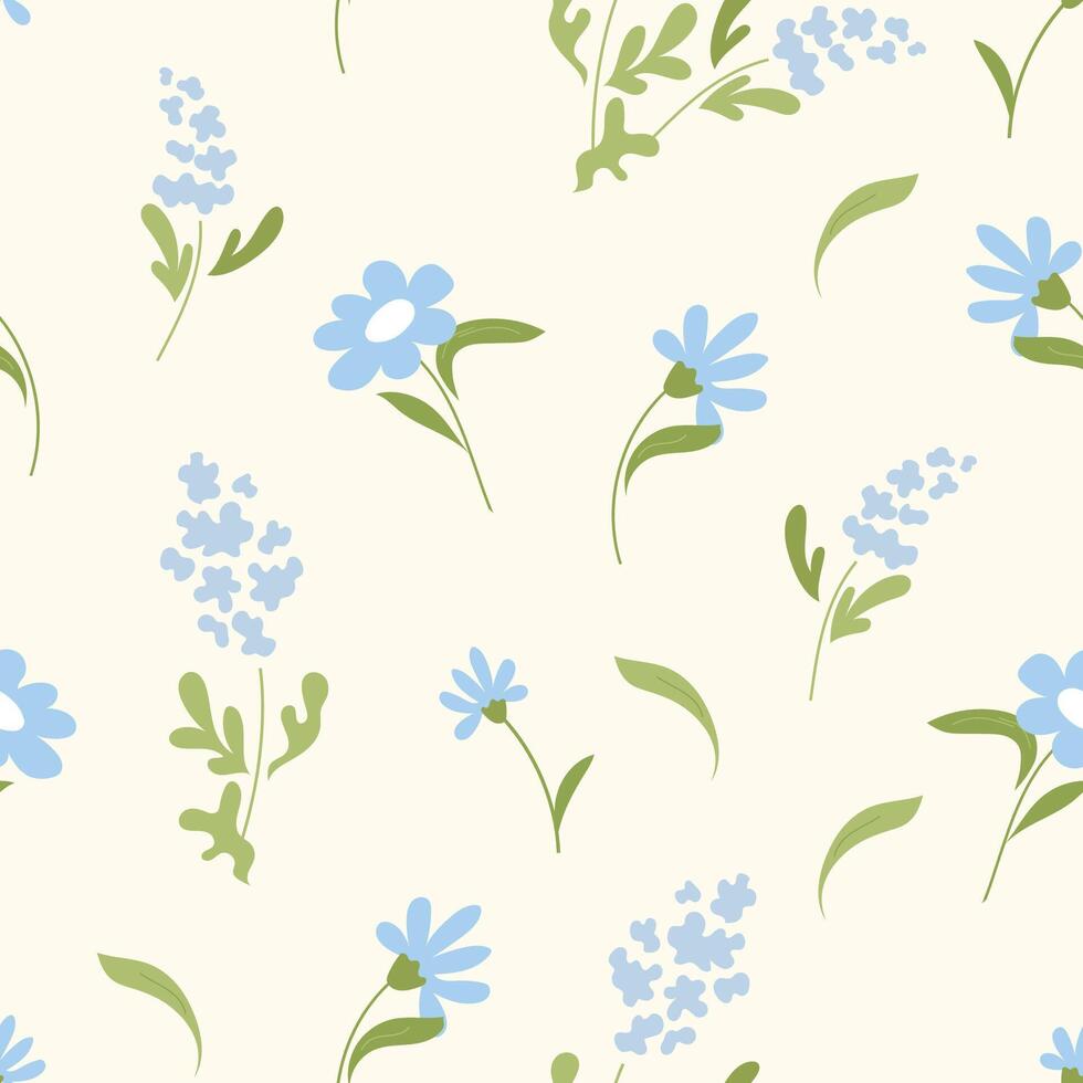 Spring seamless pattern with small blue wildflowers and light greenery on cream background. Gentle floral design for fabric, wrapping paper, spring stationery and packaging. illustration vector
