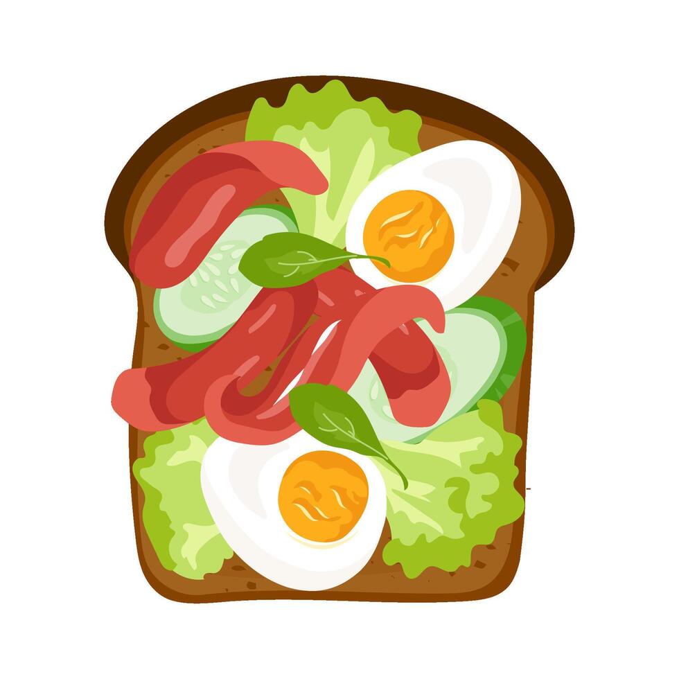Delicious toast with boiled egg and sausages, cucumber and lettuce Nutritious breakfast or snack. open sandwich illustration for card, banner, poster, print. Top view food design element vector