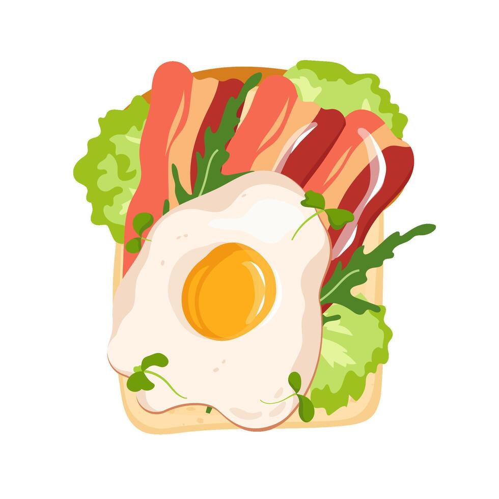 Delicious toast with bacon, fried egg and lettuce. Nutritious breakfast or snack. open sandwich illustration for card, banner, poster, print. Top view fast food design element vector