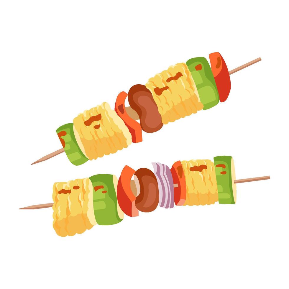 Barbecue vegan grilled vegetable skewers with mushrooms, bell pepper, corn and zucchini Colorful summer food in flat style Design element for bbq party flyer, banner, poster, print illustration vector