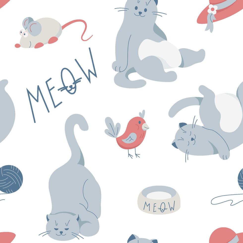 Seamless childish pattern with cute cats, mice, birds. illustration vector
