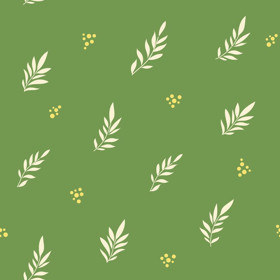 Simple green seamless pattern with hand-drawn leaves and yellow dot accents. Ideal for eco packaging, natural product design, background and organic-themed print projects Spring illustration vector