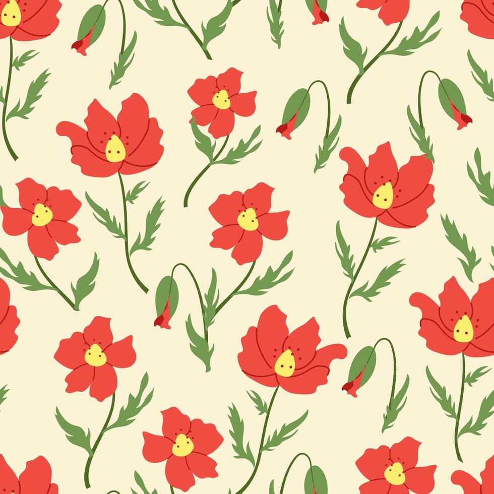 Seamless pattern with blooming red poppies and buds on cream background. Delicate floral print for spring and summer wrapping paper, packaging, textiles, seasonal cards and vintage design vector