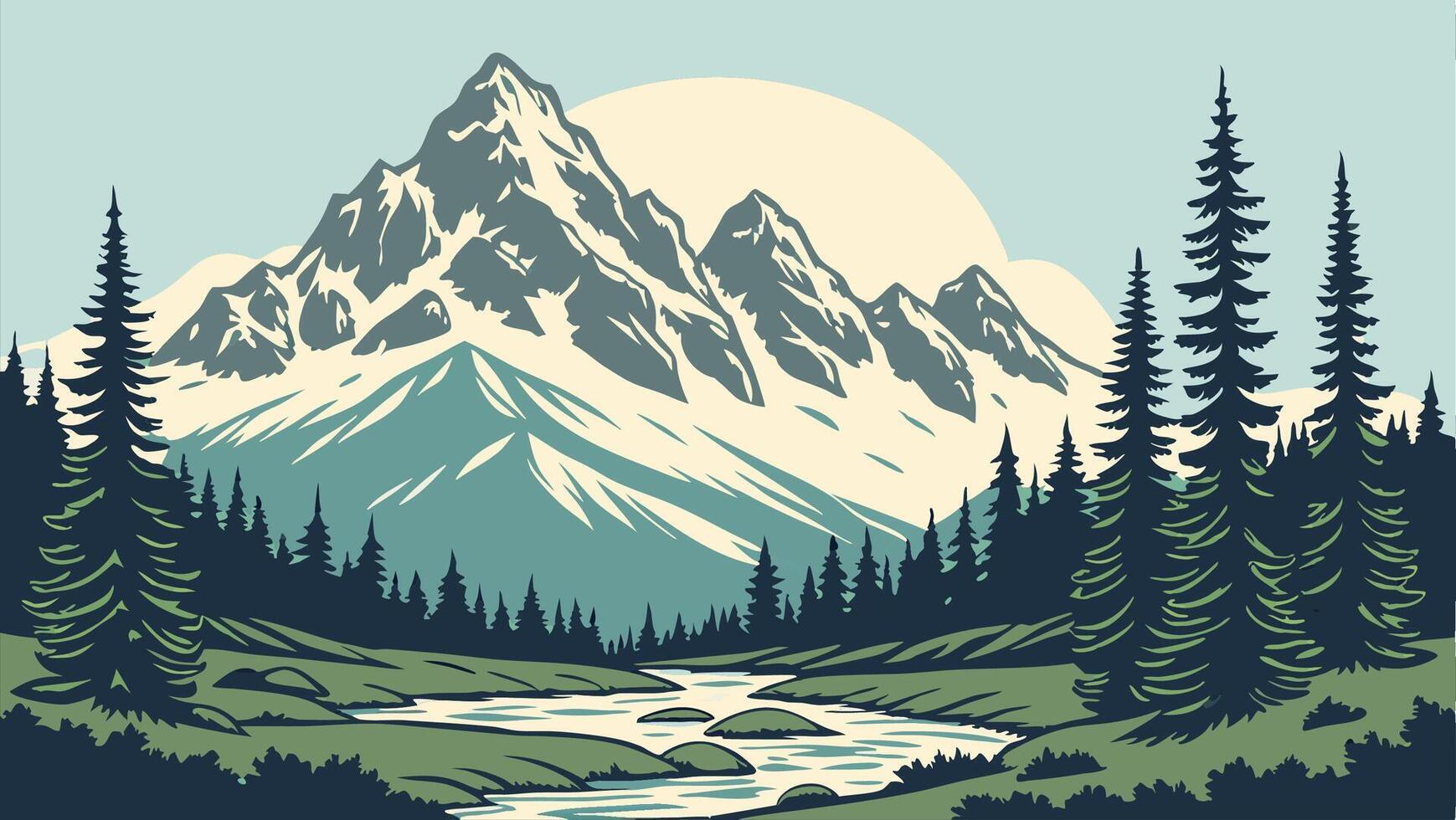 Majestic Mountain Range with River and Forest Vintage Landscape Illustration vector