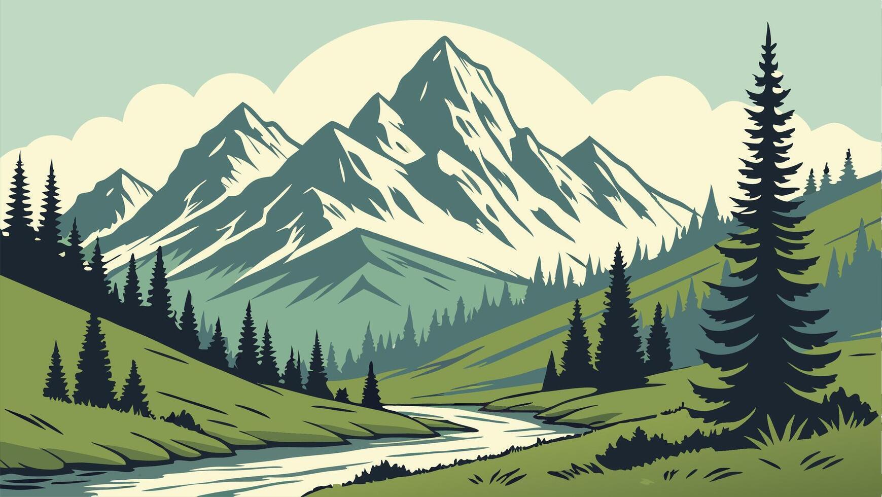 Majestic Mountain Landscape River, Trees, Peaks vector