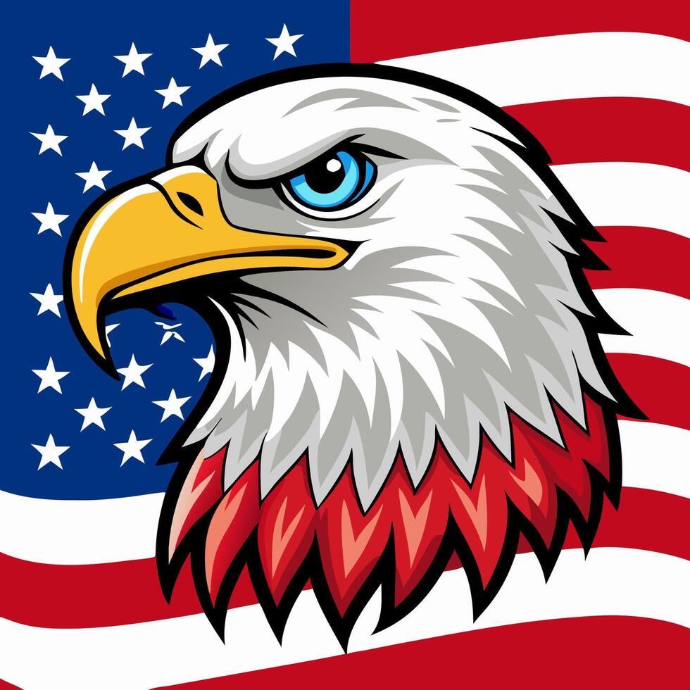 American Bald Eagle Head Closeup Against US Flag vector