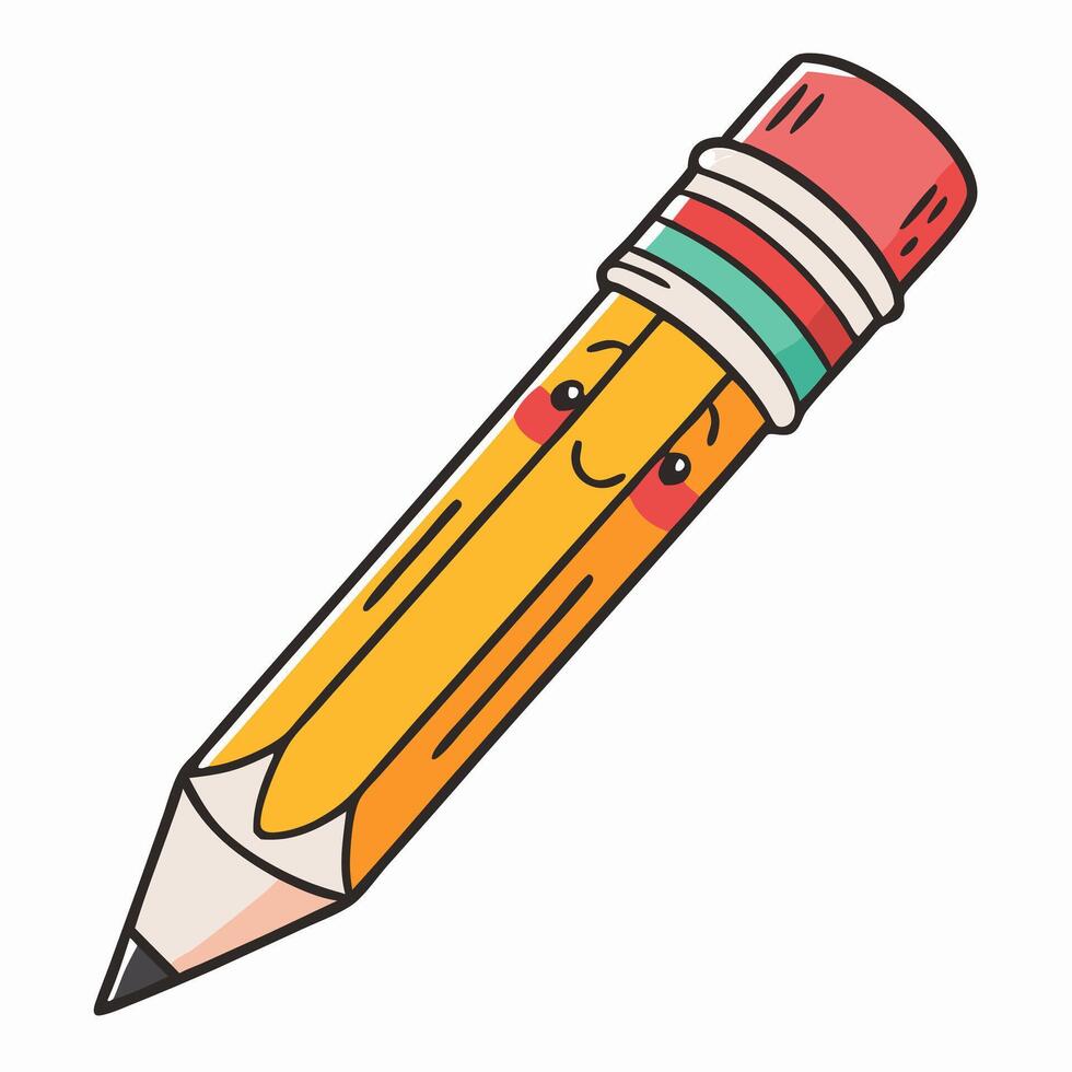 Cute Cartoon Pencil with Eraser, Happy Face, School Supplies vector